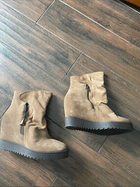 Taupe Suede Wedge Combat Boots with Side Zip